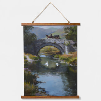 Scene of horse carriage on a bridge over stream hanging tapestry