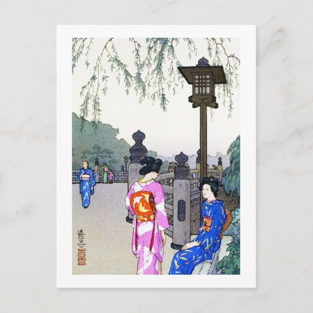 Scenery with Women in a Kimono, Hiroshi Yoshida Postcard (Front)