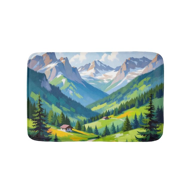 Scenic Alpine Landscape – Lush Valley and Snow Bath Mat (Front)