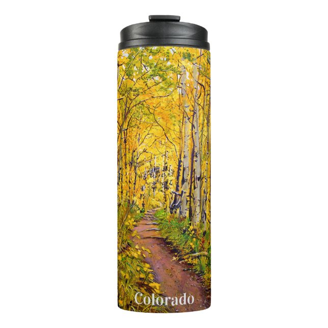 Scenic Autumn Trail in Aspen Tree Grove Thermal Tumbler (Front)