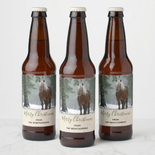 Scenic Brown Horse in a Winter Forest Christmas Beer Bottle Label