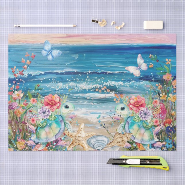 Scenic Coastal Floral Sea Turtles Decoupage  Tissue Paper (Craft)