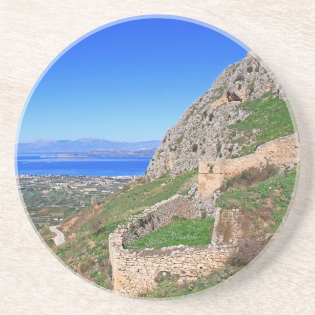 Scenic Corinth Acropolis in Greece, Round Coaster (Front)