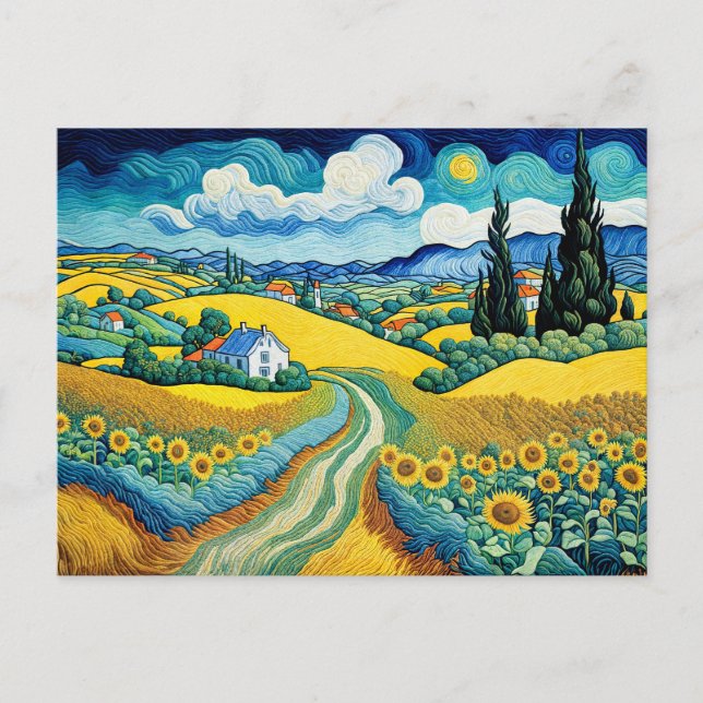 Scenic Country Path Through Sunflower Fields Holiday Postcard (Front)