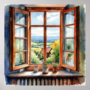 Scenic Countryside View Through Sunny Window 🌿☀️  Poster