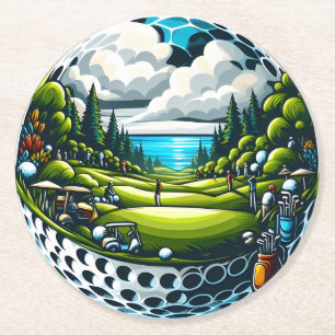 Scenic Golf Course with Players and Carts Round Paper Coaster