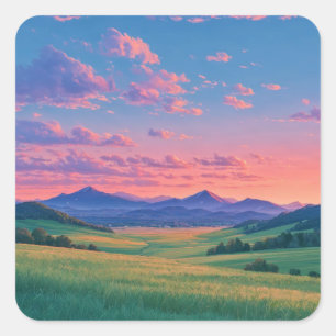Scenic Green Mountain Valley at Pink Sunset Square Sticker
