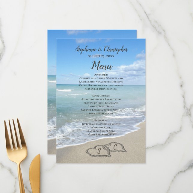 Scenic Hearts in the Sand Beach Wedding Menu (Front/Back In Situ)