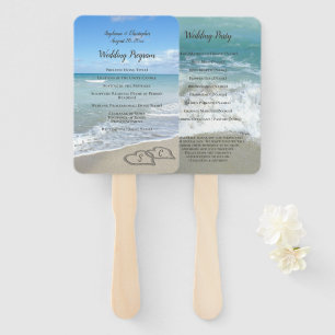 Scenic Hearts in the Sand Beach Wedding Program Hand Fan