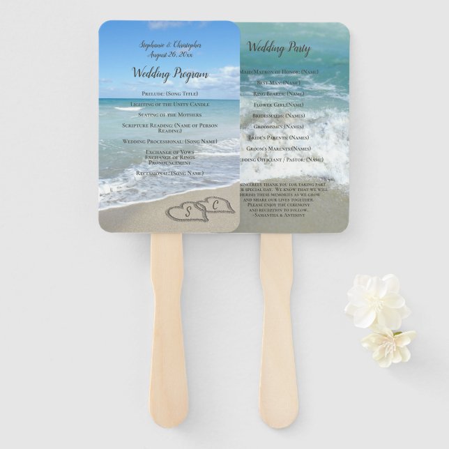 Scenic Hearts in the Sand Beach Wedding Program Hand Fan (Front and Back)