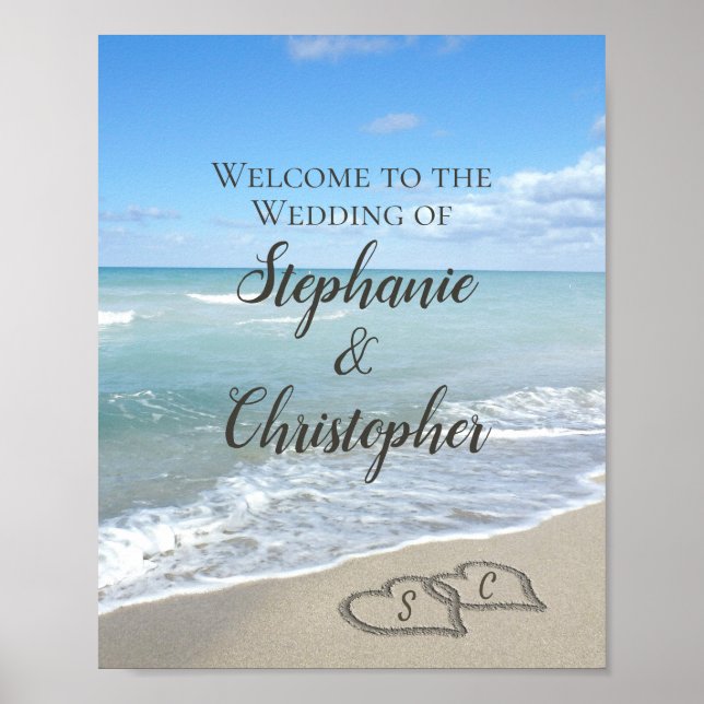 Scenic Hearts in the Sand Beach Wedding Welcome Poster (Front)
