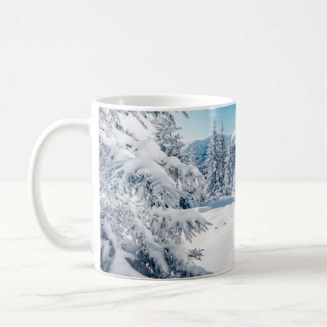 Scenic image of spruces tree. Frosty day, calm win Coffee Mug (Left)
