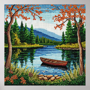 Scenic Lake Landscape with a Wooden Boat Poster