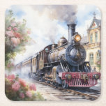 Scenic Landscape a Victorian Train Square Paper Coaster<br><div class="desc">A lovely landscape with a Victorian train outside a train station</div>