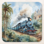 Scenic Landscape a Victorian Train Square Paper Coaster<br><div class="desc">A lovely mountain landscape with a Victorian train and a castle in background</div>