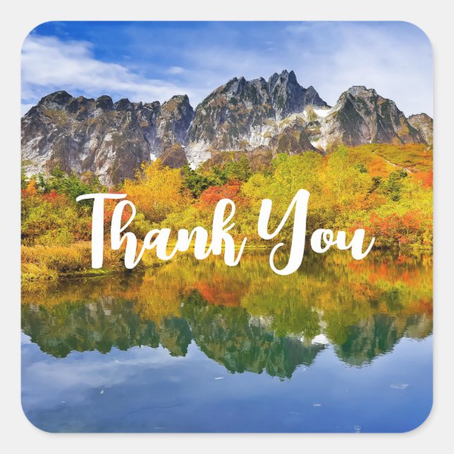Scenic Landscape Forest and Mountains Thank You Square Sticker (Front)