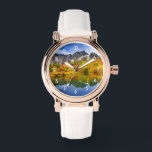 Scenic Landscape Forest and Mountains Watch<br><div class="desc">A watch with a beautiful country photograph. Mountains of stone with an autumn forest in bright colours. A quiet lake reflects the mountains,  trees and grasses.</div>
