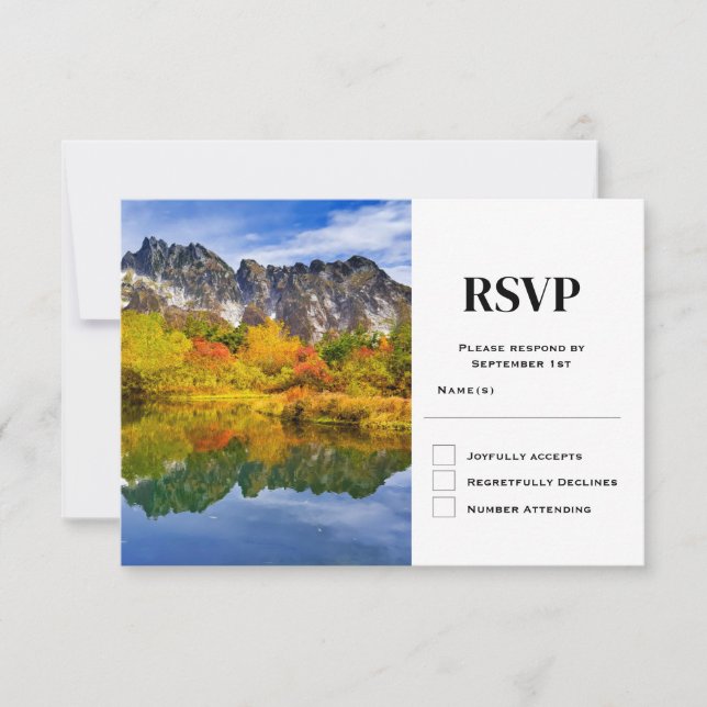 Scenic Landscape Mountains Lake Forest Wedding RSVP Card (Front)
