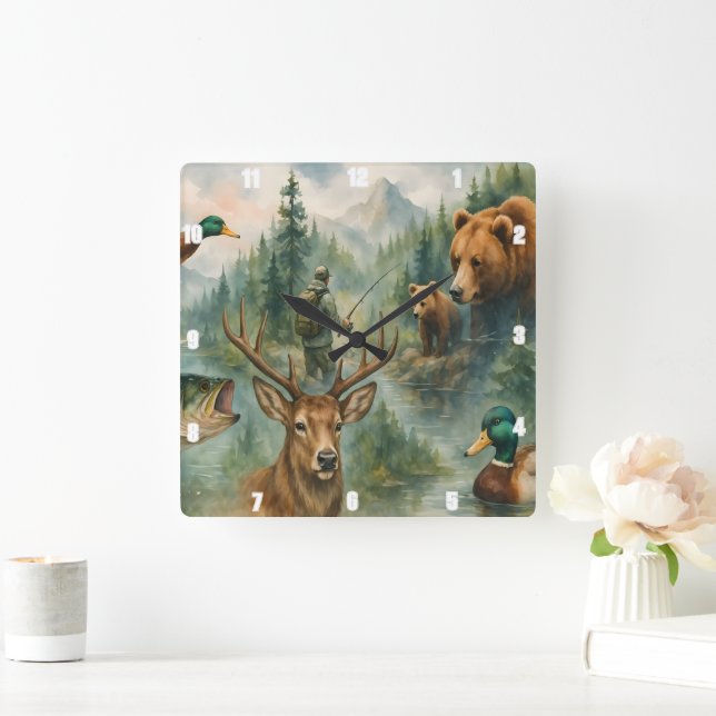 Scenic Nature Deer, Bears, Ducks, Wildlife Forest  Square Wall Clock (Home)