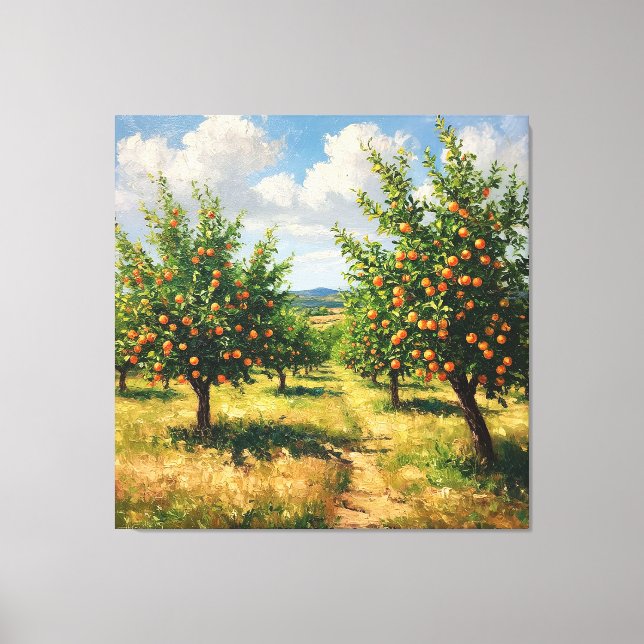 Scenic Orange Orchard Under a Bright Blue Sky Canvas Print (Front)
