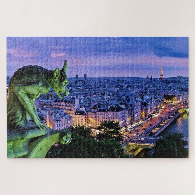 Scenic Paris & Seine At Night Gargoyle Looms Jigsaw Puzzle (Horizontal)