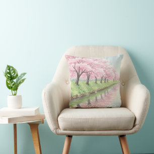 Scenic Pastel Pink Watercolor Cherry Blossom Tree Cushion