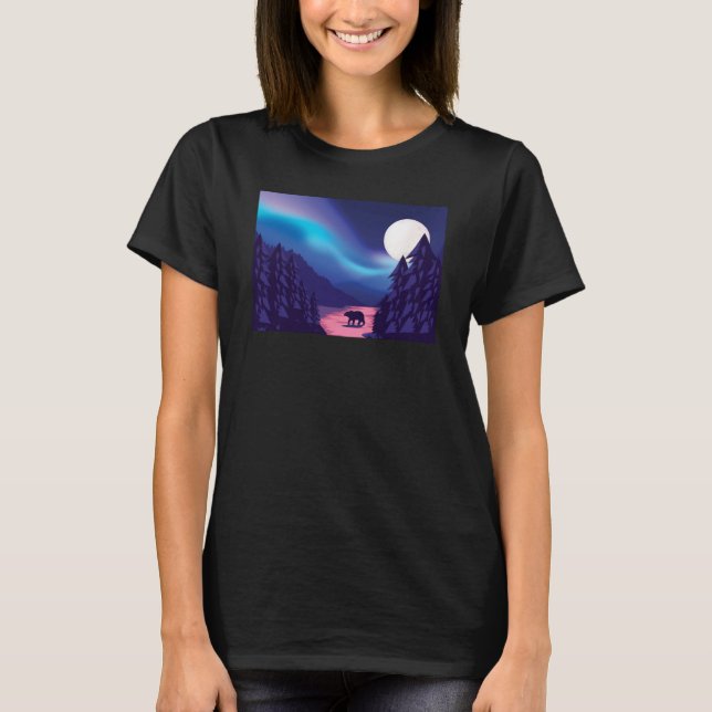 Scenic Polar Bear Silhouette With Moon and Aurora  T-Shirt (Front)