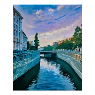 Scenic River Through City at Sunset Poster