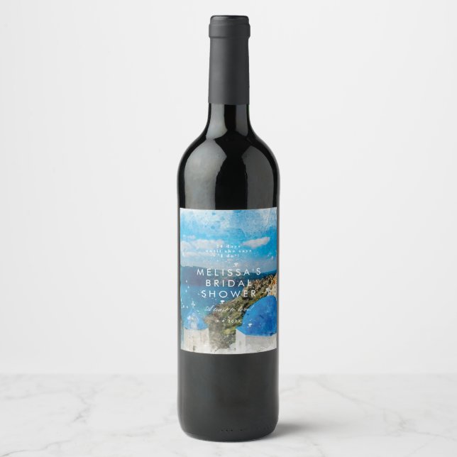 scenic Santorini Greece bridal shower bottle Wine Label (Front)