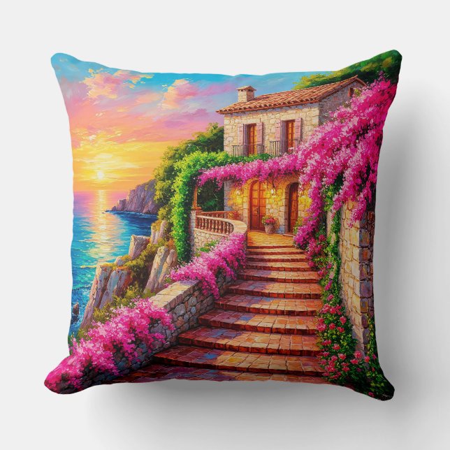 Scenic Sunset Over Coastal Villa Cushion (Front)