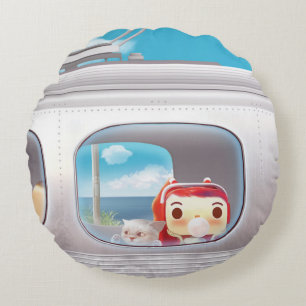 Scenic Train Ride: Bunny Girl & Cat Window Seat Round Cushion