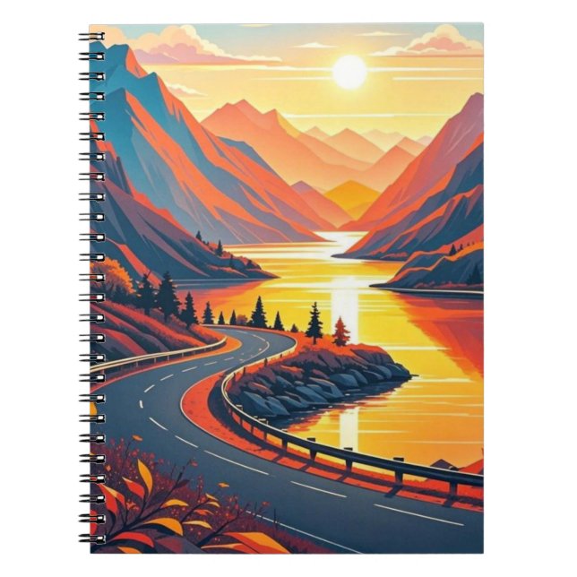 Scenic travel on winding road, sunsets notebook (Front)