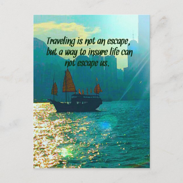 Scenic Travelling Quote Victoria Harbour with Boat Postcard (Front)