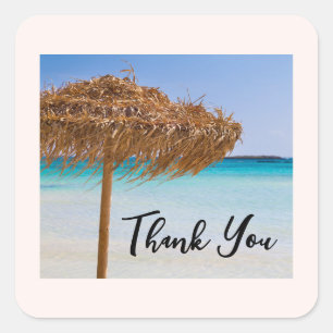 Scenic Tropical Beach and Straw Umbrella Thank You Square Sticker