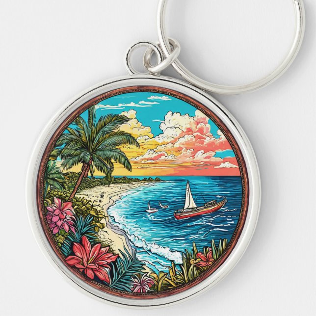Scenic Tropical Beach with Sailboats Key Ring (Front)
