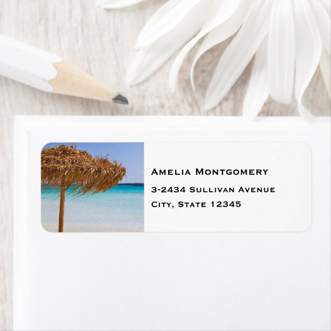 Scenic Tropical Beach with Straw Umbrella Address (Insitu)