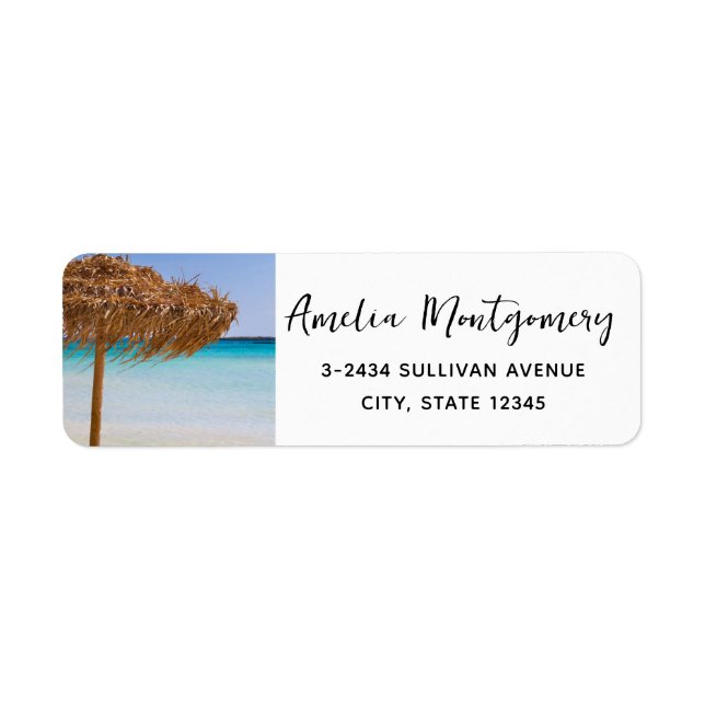 Scenic Tropical Beach with Straw Umbrella Address (Front)
