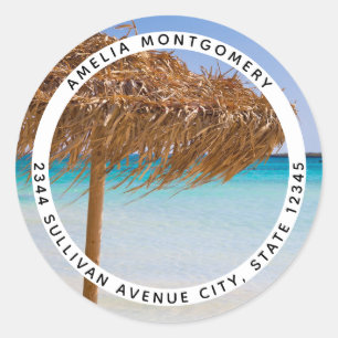 Scenic Tropical Beach with Straw Umbrella Address Classic Round Sticker