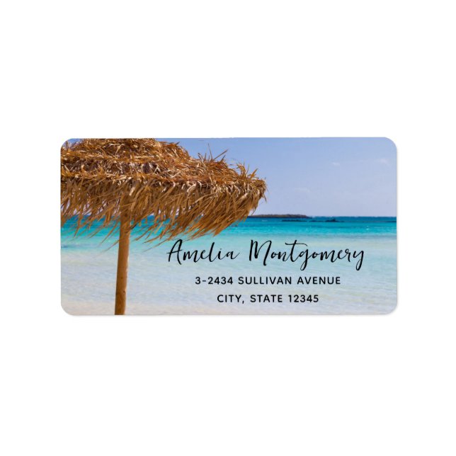 Scenic Tropical Beach with Straw Umbrella Address Label (Front)