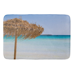 Scenic Tropical Beach with Straw Umbrella Bath Mat