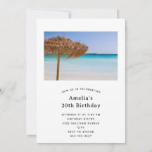 Scenic Tropical Beach with Straw Umbrella Birthday