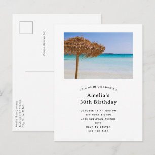 Scenic Tropical Beach with Straw Umbrella Birthday Invitation Postcard