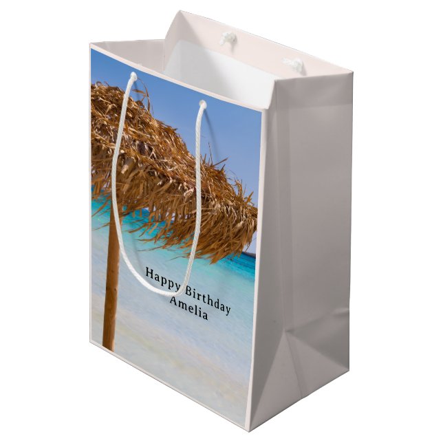 Scenic Tropical Beach with Straw Umbrella Birthday Medium Gift Bag (Front Angled)