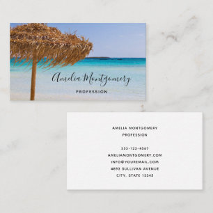 Scenic Tropical Beach with Straw Umbrella Business Card