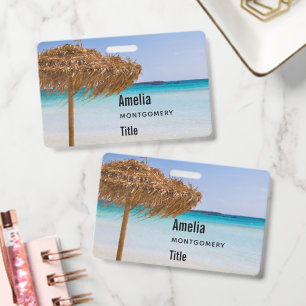 Scenic Tropical Beach with Straw Umbrella Business ID Badge