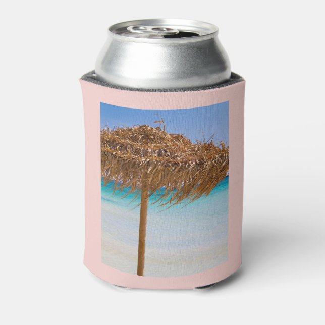 Scenic Tropical Beach with Straw Umbrella Can Cooler (Can Back)