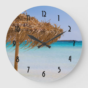 Scenic Tropical Beach with Straw Umbrella Large Clock