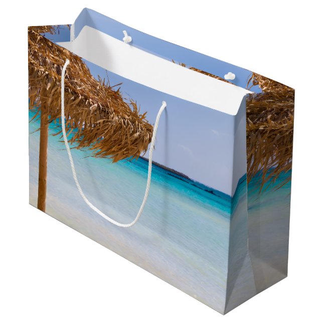 Scenic Tropical Beach with Straw Umbrella Large Gift Bag (Front Angled)