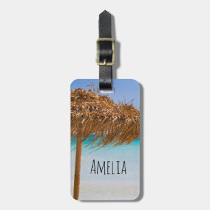 Scenic Tropical Beach with Straw Umbrella Luggage Tag
