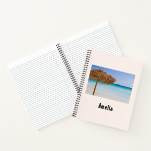 Scenic Tropical Beach with Straw Umbrella Notebook